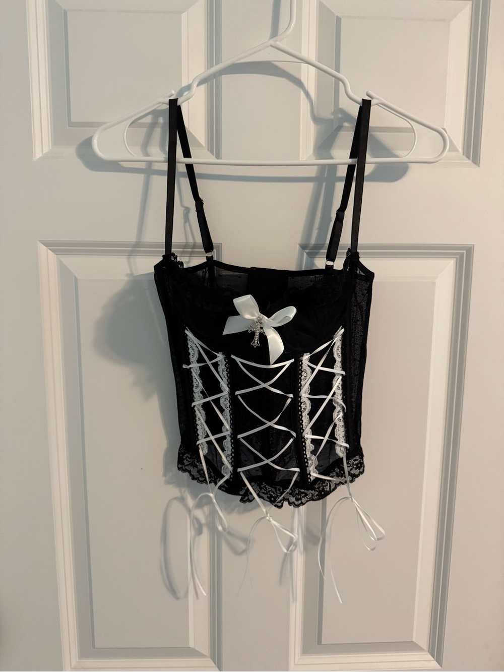 Black Lace Corset-Style Camisole with White Ribbon Detail